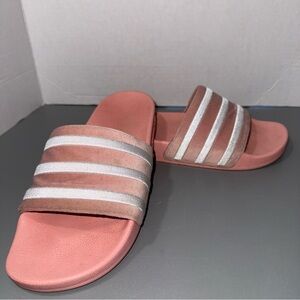 Women's Adidas Pink Slide Sandals with Metallic Stripes size 10